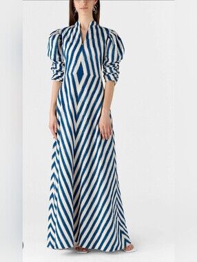 De Castro Blue Illusion Puff Gathered Sleeve Dress Size XS